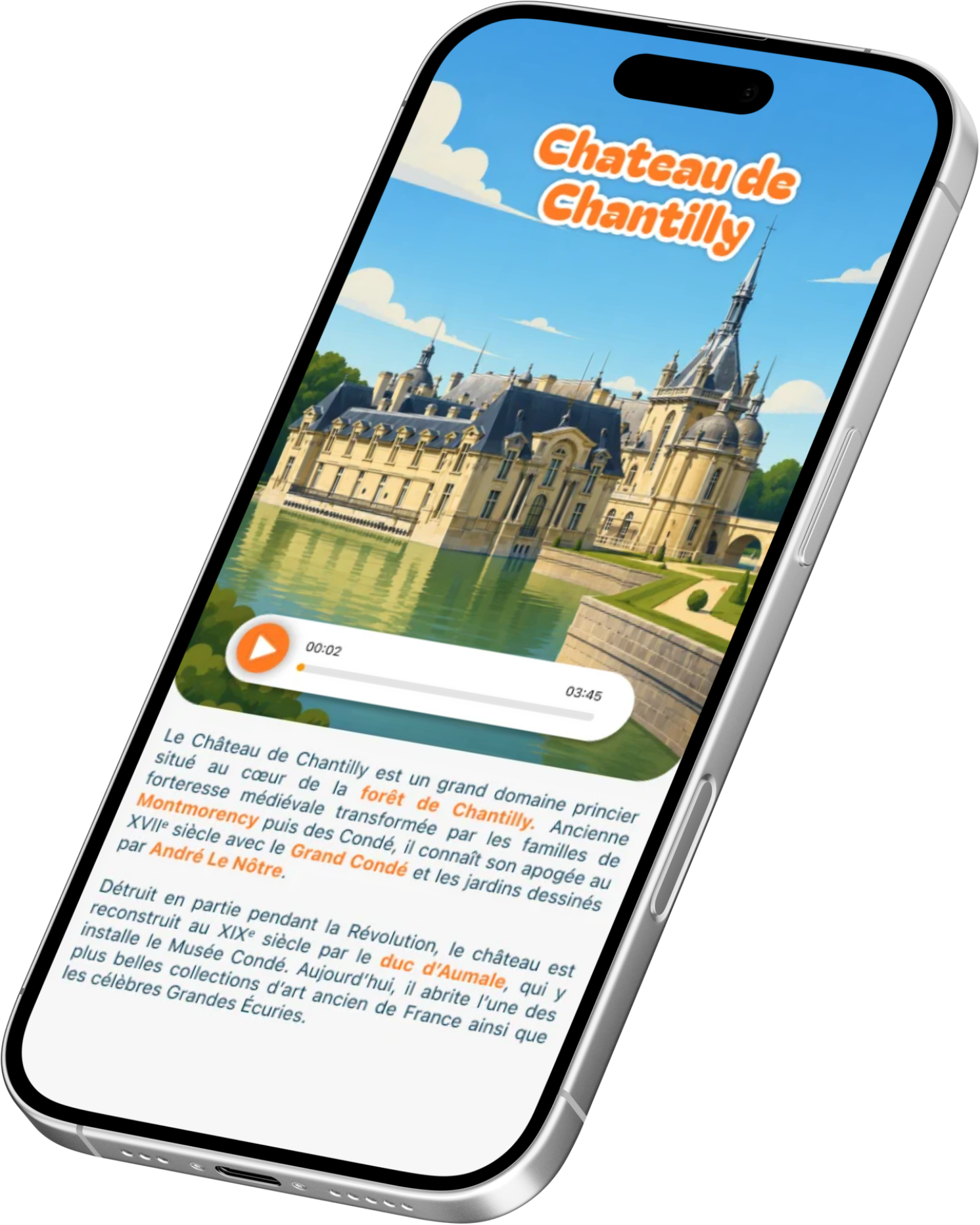 Présentation du Château de Chantilly dans l’application Guide